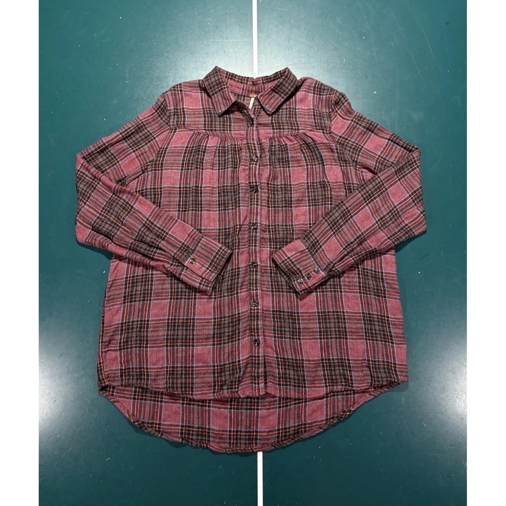 Free People Plaid Flannel Shirt Large Relaxed Boho Button Down Wool Blend